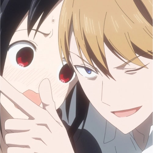 miyuki whispering something to a surprised kaguya
